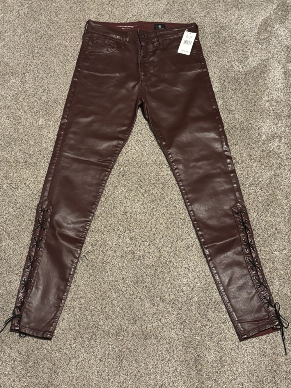 Ag Adriano Goldschmied Burgundy Coated Lace-Up Skinny Pants